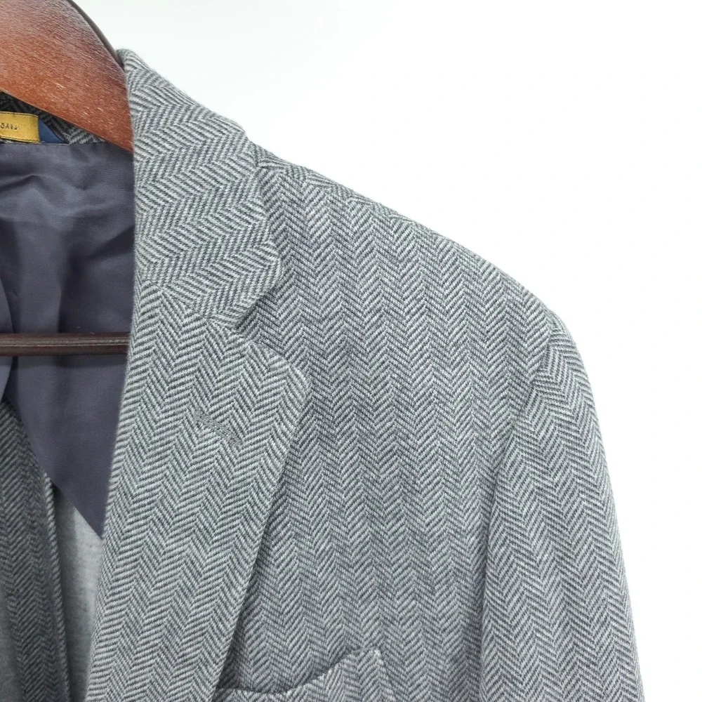 Brooks Brothers Mens Blazer Wool Cotton Herringbone Grey 46R Regent Fit Emmetex
